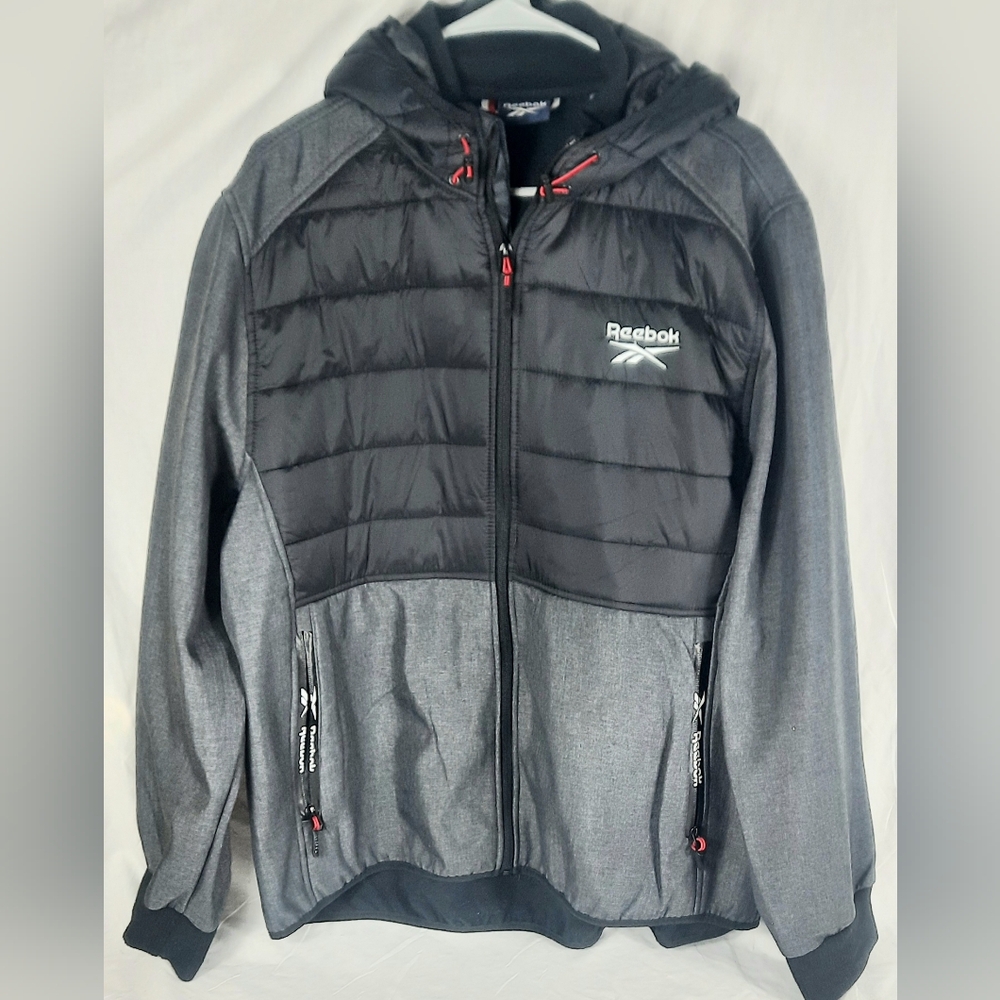 Reebok Mens Hooded Front Zip Jacket Size XL Gray Black Full Zip pockets